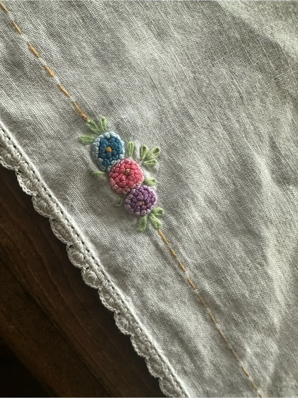 Vintage Hand Embroidered Bread Basket Liner Floral Butterfly Crochet Edge
